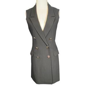 Topshop SZ 4 Black Sleeveless Blazer Dress Gold Button Double Lined Faux Pockets